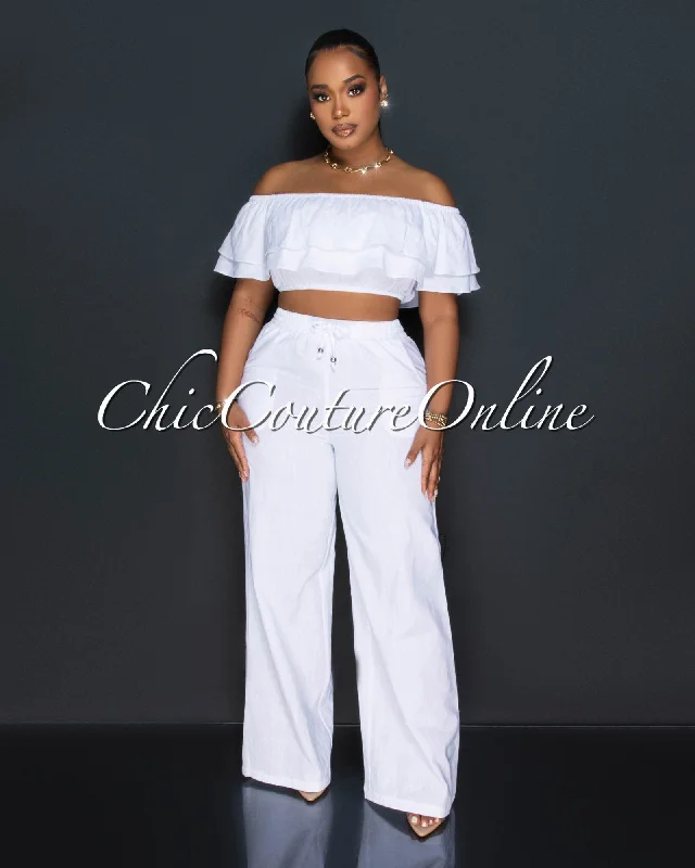 Yuri White Ruffle Crop Top & Wide Pants Set Solid Color Striped Floral