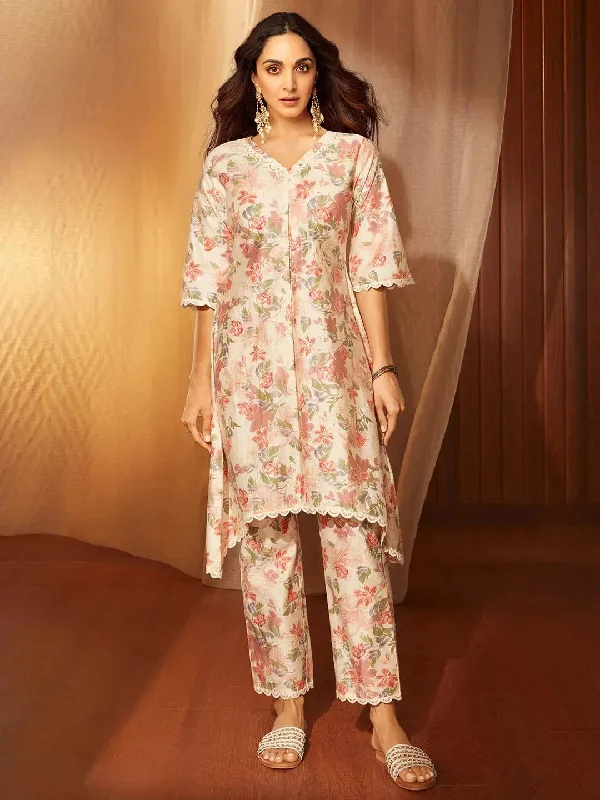 Khwaab Beige Printed Chanderi Silk A-Line Kurta With Trousers Trousers Summer Linen