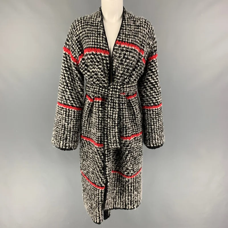 EMPORIO ARMANI Size 4 Black White Wool Blend Tweed Collarless Coat Cuffed Rolled Raglan EMPORIO ARMANI Size 4 Black White Wool Blend Tweed Collarless Coat Cuffed Rolled Raglan