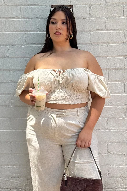 Beige Crop Top Short Sleeve Ruched Bust Linen Blend Embroidered Appliqued Beaded