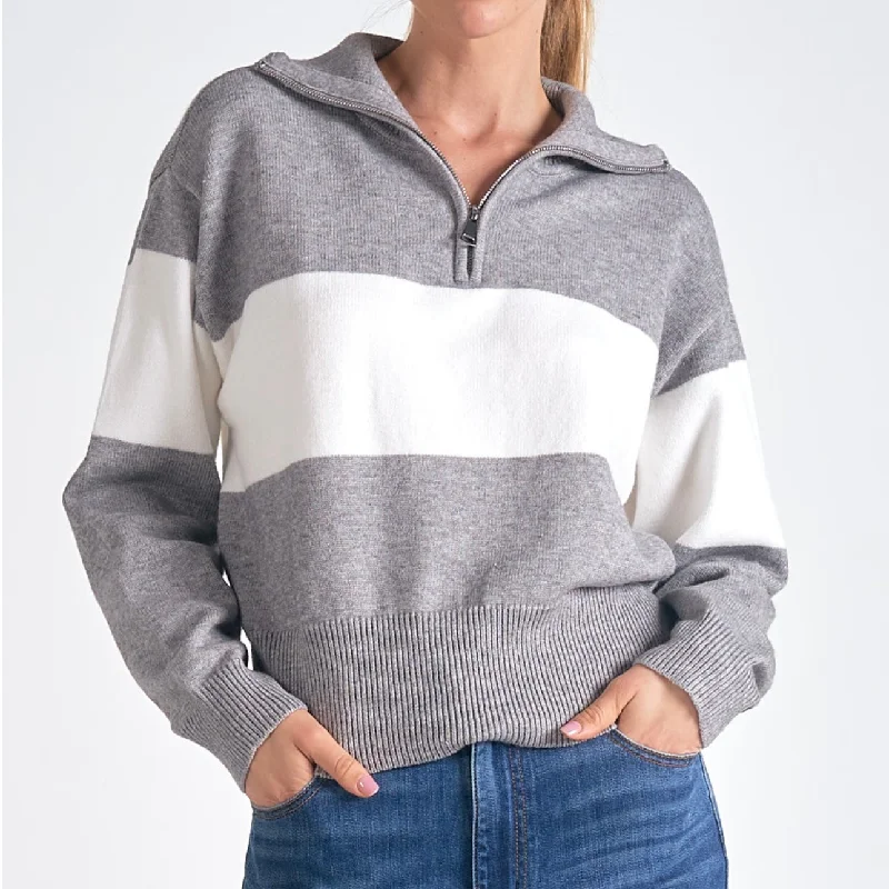 Elan grey/white stripe pullover Gathered Sleeve Pullover
