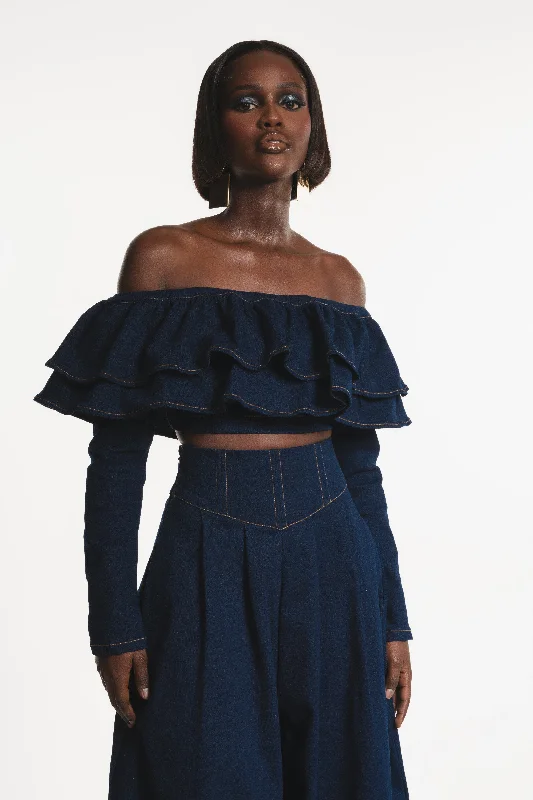 Denim DIJA Ruffle Crop Top Front Pockets Side Pockets Patch Pockets