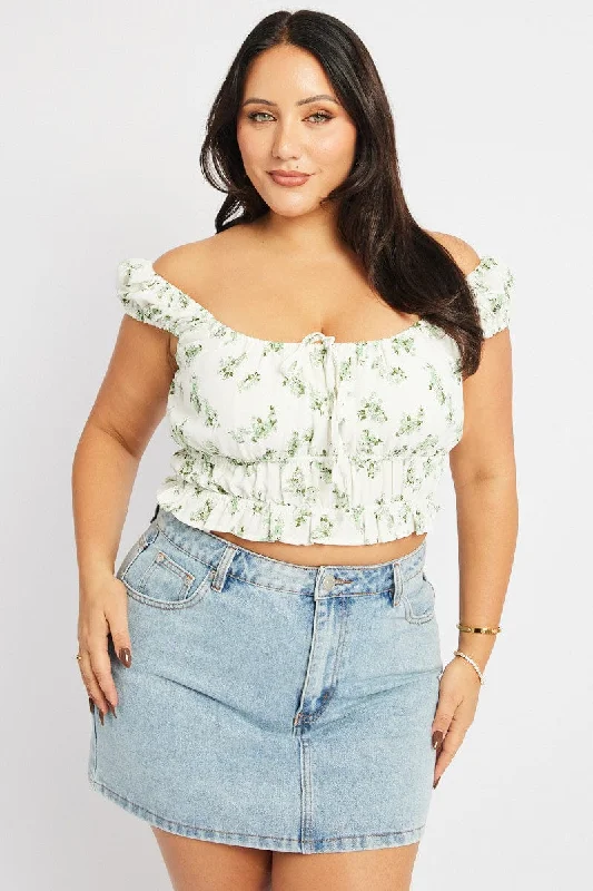 Green Ditsy Crop Top Short Sleeve Ruched Bust Print Jacquard Patchwork