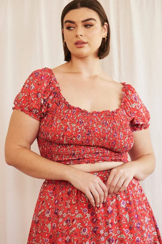 Red Boho Crop Top Short Sleeve Shirred Polka Dot Checkered Tartan
