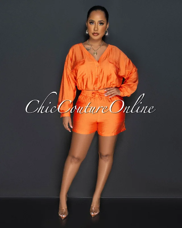 Amerson Orange Crop Top & Shorts Set Terry Blend Velvet Blend Canvas Blend