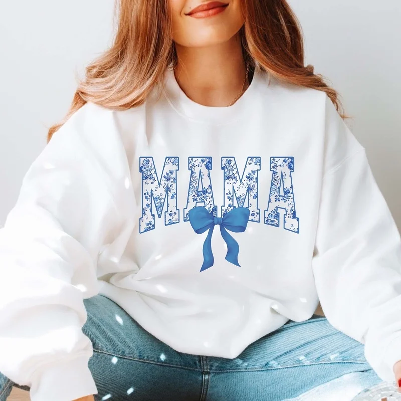 Mama Blue Floral Bow Graphic Sweatshirt Hoodie with Hem Elastic Stretchable Comfortable Mama Blue Floral Bow Graphic Sweatshirt Hoodie with Hem Elastic Stretchable Comfortable