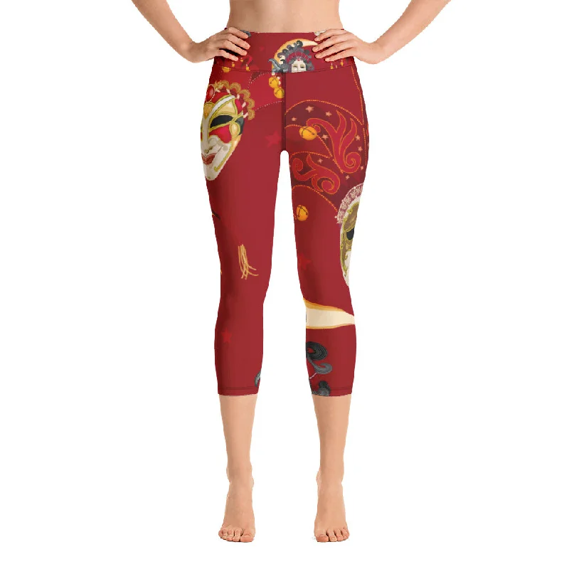 Mardi Gras Red Jester Yoga Capri Leggings Elegant Shiny Black Leggings