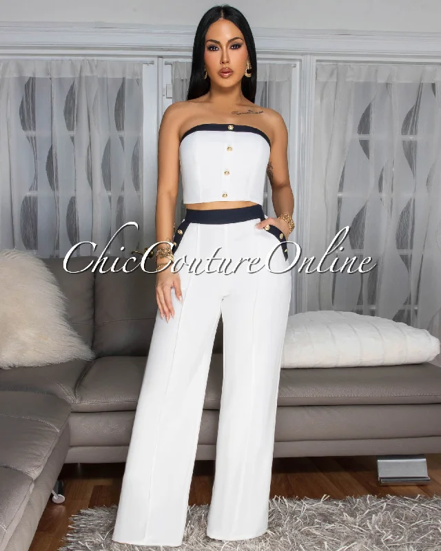 Marcella Off-White Black Crop Top Pants Set Collared Crew Neck Turtle Neck