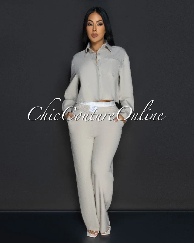 Tayla Beige White Stripes Crop Top & Pants Set Layered Multi-layer Single Layer