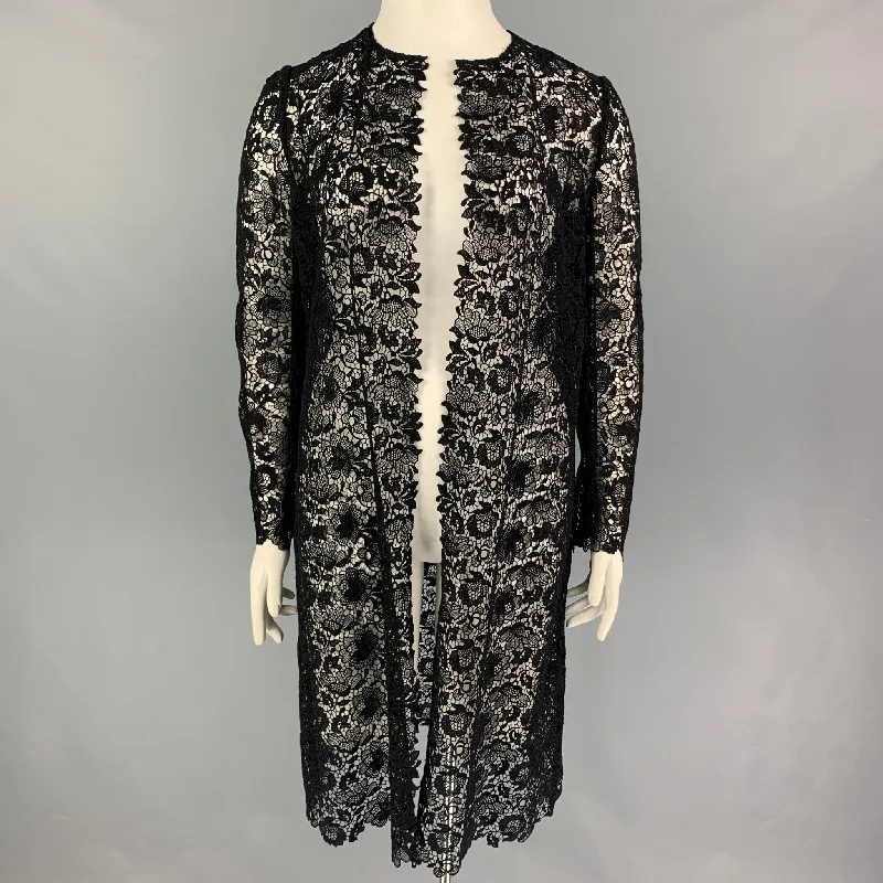 RALPH LAUREN Collection Size 12 Black Cotton Polyester Lace Open Front Coat Hooded Jacket Zipper Jacket Button Jacket RALPH LAUREN Collection Size 12 Black Cotton Polyester Lace Open Front Coat Hooded Jacket Zipper Jacket Button Jacket