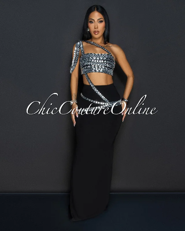 Orzola Black Rhinestones Crop Top & Maxi Skirt Set Striped Floral Plaid
