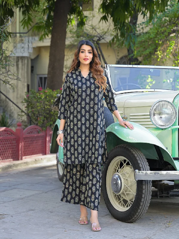 Divena Black Ethnic Printed Cotton Fabric Kurta With Trouser Trousers High Rise Slim Fit