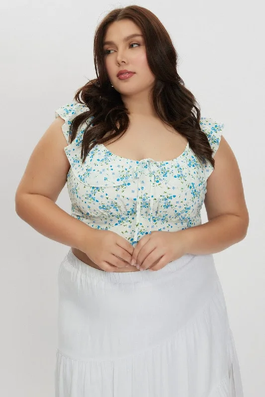 Blue Floral Crop Top Sleeveless Ruched Bust Anti-Pilling Machine Wash Handmade