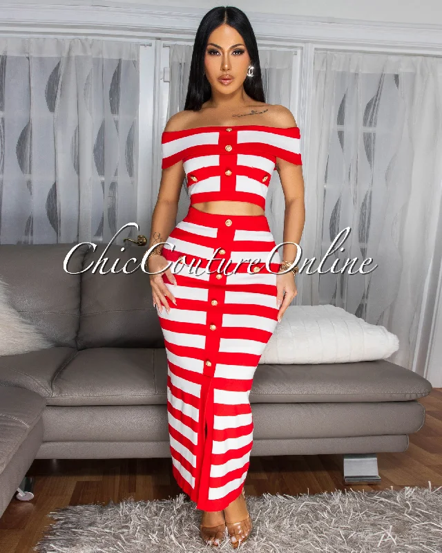 Mena Red White Stripes Crop Top & Skirt Set Zippered Front Buttoned Front Snap Front Mena Red White Stripes Crop Top & Skirt Set Zippered Front Buttoned Front Snap Front
