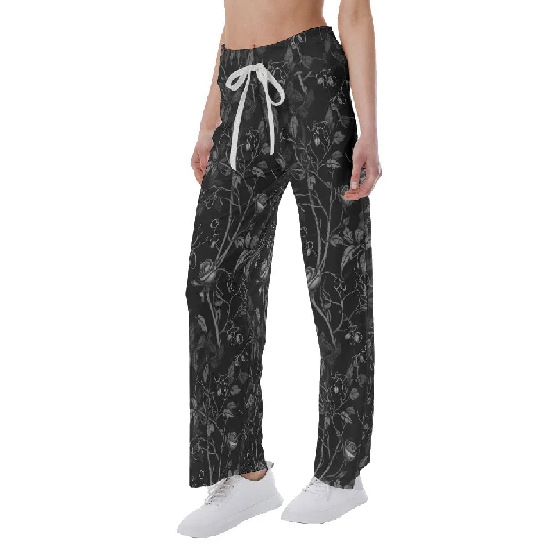 Women's Gothic Floral Black High-waisted Straight-leg Trousers Trousers Hiking Durable
