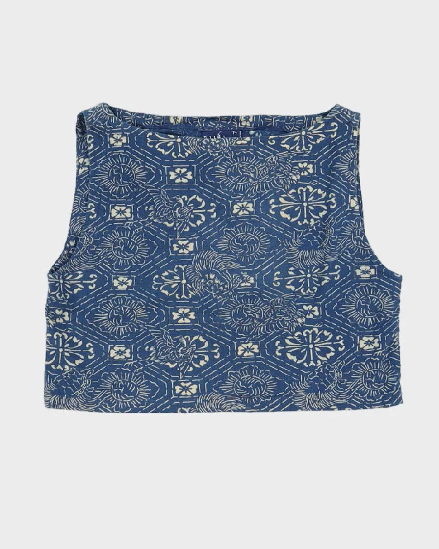 Vintage 90s Ralph Lauren Blue Printed Crop Top - L Front Pockets Side Pockets Patch Pockets