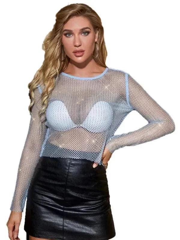 Embellish Sheer Fishnet Women Crop Top Spandex Blend Rayon Blend Denim Blend