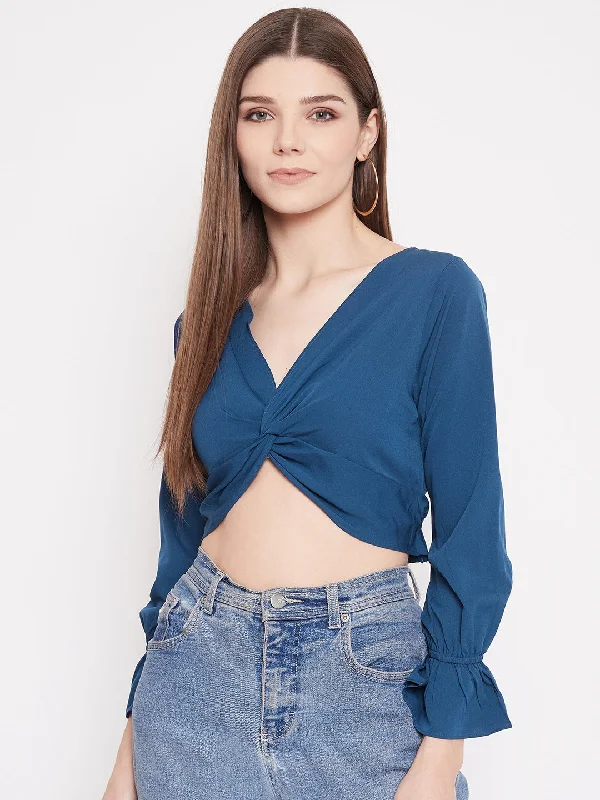 Berrylush Women Solid Blue V-Neck Front Twisted Crop Top Hooded Caped Shawl Collar