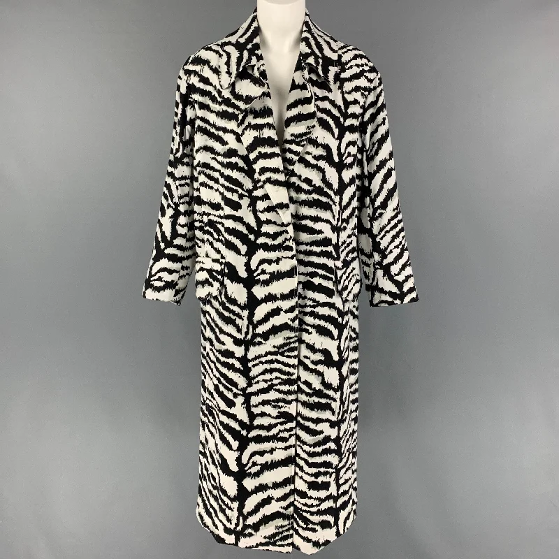 VICTOR ALFARO Size XS Black White Animal Print Polyester Belted Coat Buttoned Zippered Snapped VICTOR ALFARO Size XS Black White Animal Print Polyester Belted Coat Buttoned Zippered Snapped