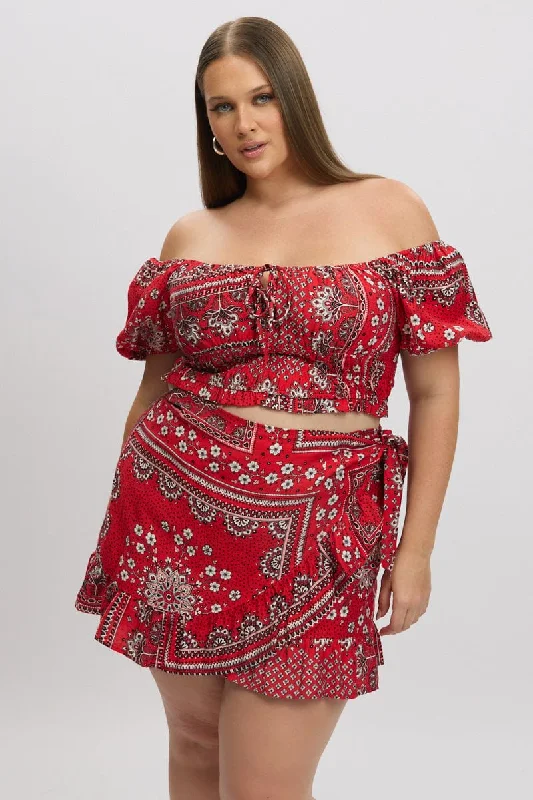 Red Boho Crop Top Short Sleeve Ruched Bust Sequined Glittery Shiny