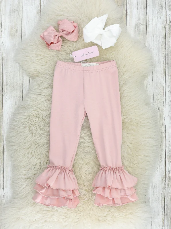 Cotton Bell Ruffle Leggings - Mauve Pink Trendy Faux Suede Leggings