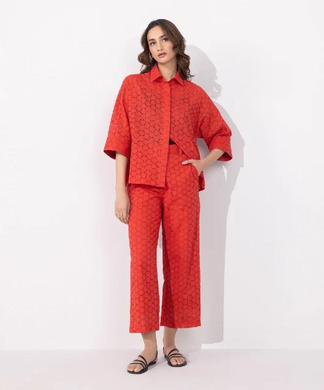 Emroidered Trousers Wide Leg Loose Fit Mid Waist