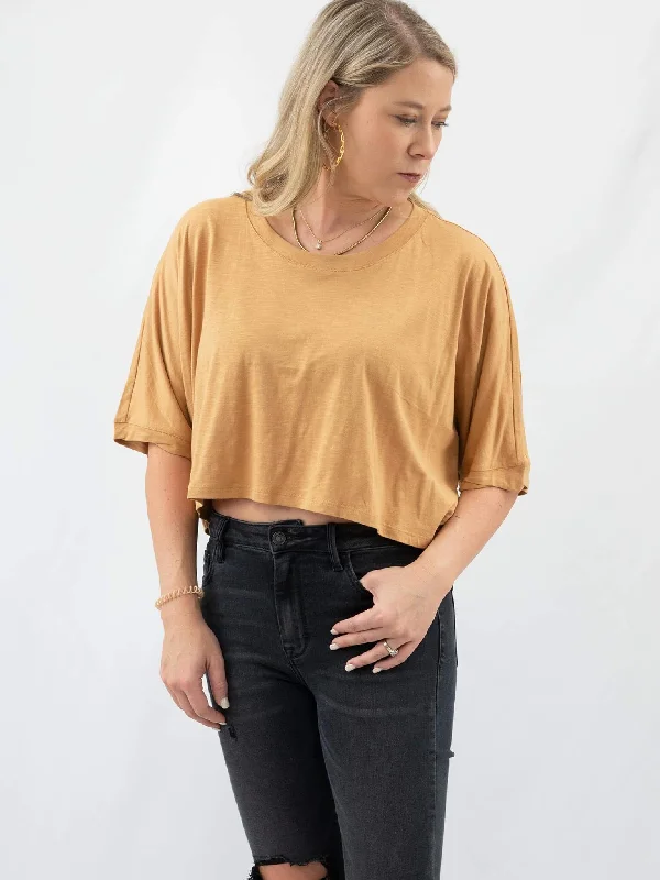 Tan Flowly Sleeve Crop Top Collared Crew Neck Turtle Neck