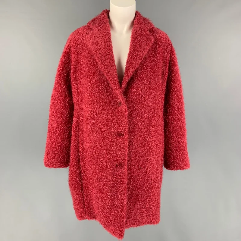 AMINA RUBINACCI Size 4 Raspberry Textured Mohair Wool Notch Lapel Coat Hook-and-Loop Buckled Tied AMINA RUBINACCI Size 4 Raspberry Textured Mohair Wool Notch Lapel Coat Hook-and-Loop Buckled Tied