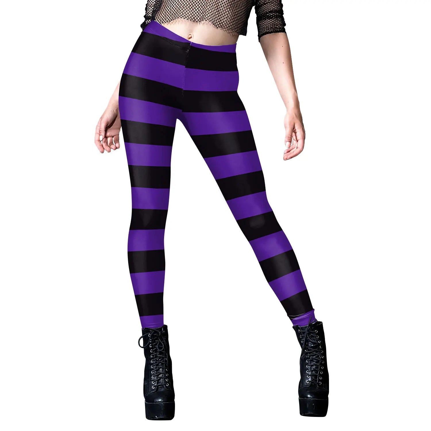 Women's Purple & Black Halloween Stripes Leggings - Cosplay Tight Fit Comfortable Compression Leggings