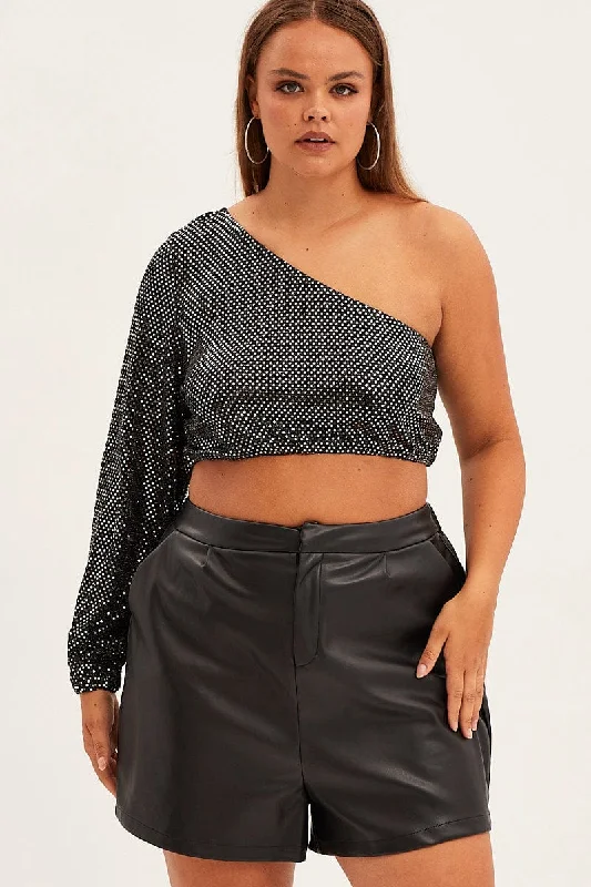 Silver Crop Top One Sleeve Sequin Jersey Houndstooth Herringbone Solid