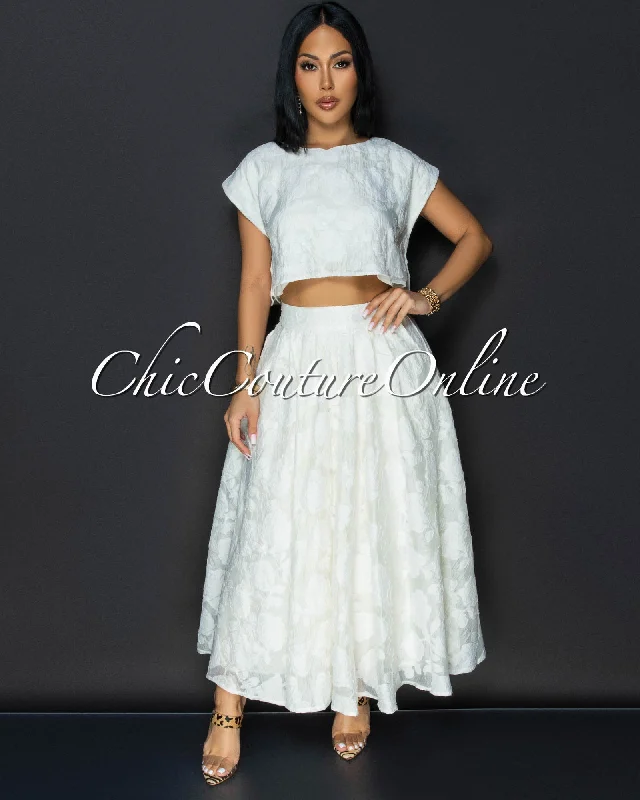 Desideria Cream Textured Crop Top & Maxi Skirt Set Anti-Pilling Machine Wash Handmade Desideria Cream Textured Crop Top & Maxi Skirt Set Anti-Pilling Machine Wash Handmade
