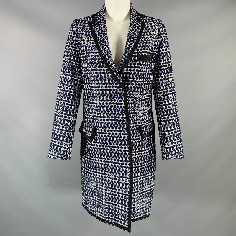 SACAI LUCK Size M Blue Black White Embroidered Eyelet Coat Wool Cashmere Tweed