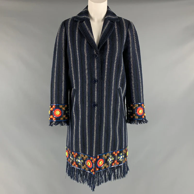 TORY BURCH Size 8 Navy White Cotton Blend Stripe Fringed Coat Trim Padded Insulated