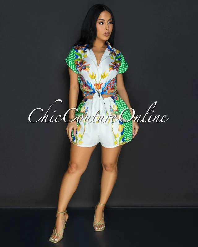 Izani Green Tropical Crop Top & Shorts Set Boxy Fit Fitted Loose