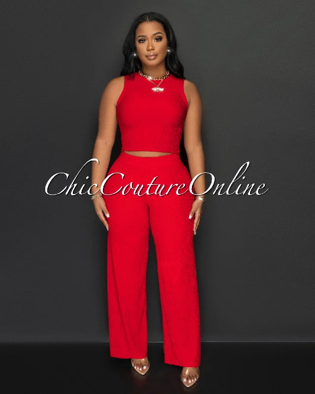 Katye Berry Red Front Crop Top & Wide Pants Textured Set Front Pockets Side Pockets Patch Pockets Katye Berry Red Front Crop Top & Wide Pants Textured Set Front Pockets Side Pockets Patch Pockets