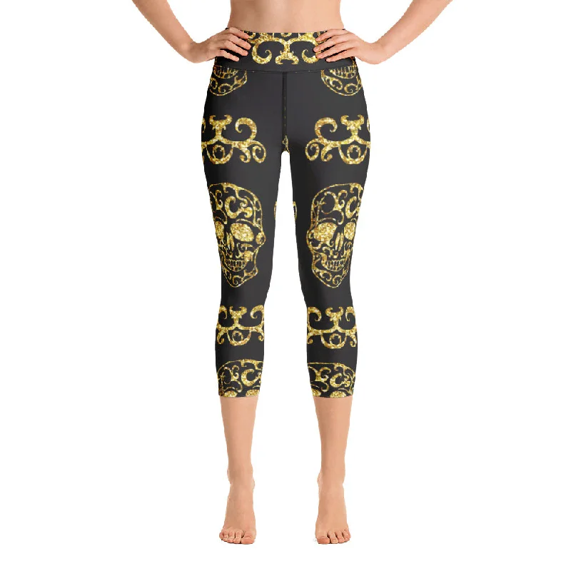 Gold Skulls Yoga Capri Leggings Cozy Warmth Leggings