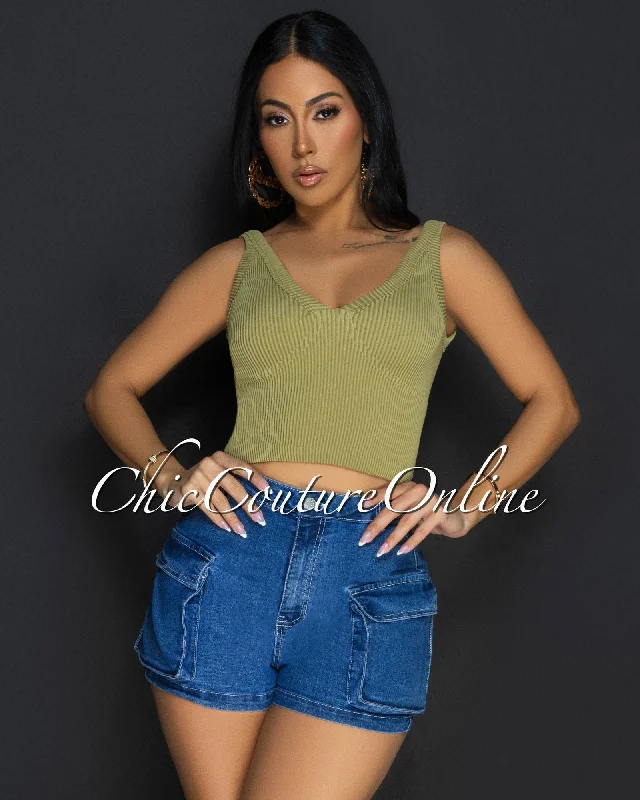 Lora Olive V Neck Ribbed Crop Top Satin Fabric Silk Fabric Chiffon Fabric