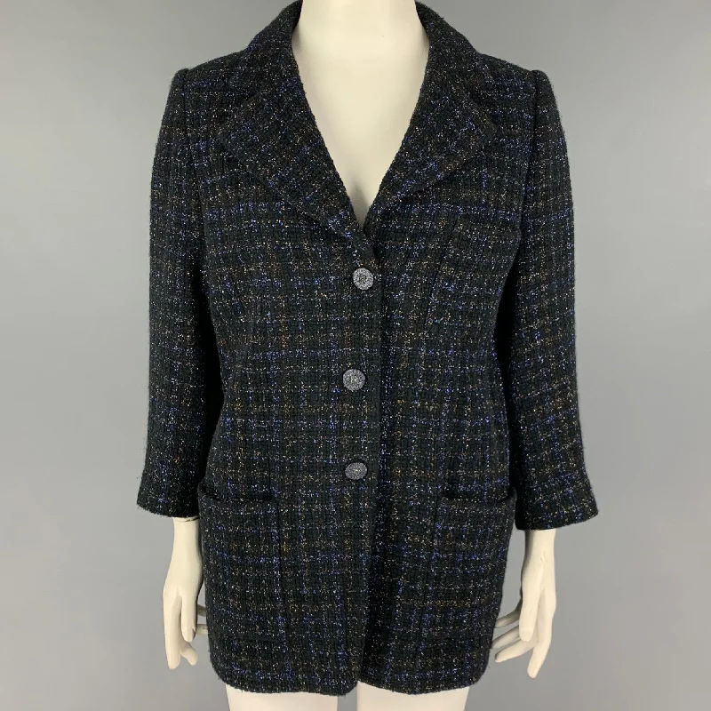 CHANEL Size 18 Navy Gold Cotton Blend Metallic Single Breasted Coat Fleece Down Feather CHANEL Size 18 Navy Gold Cotton Blend Metallic Single Breasted Coat Fleece Down Feather