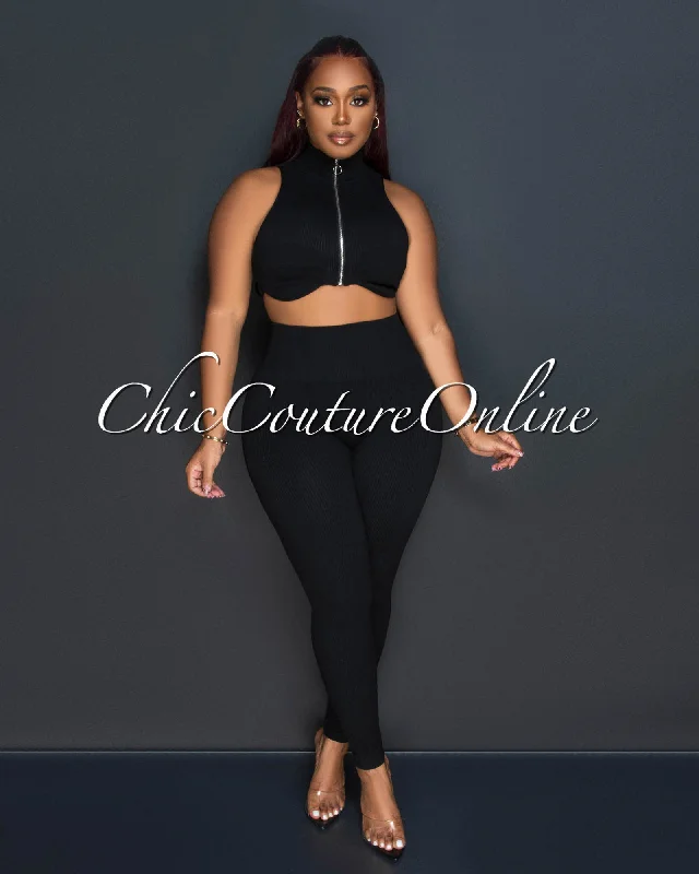 Kristy Black Ribbed Crop Top & Leggings Sculpting Set Boxy Fit Fitted Loose