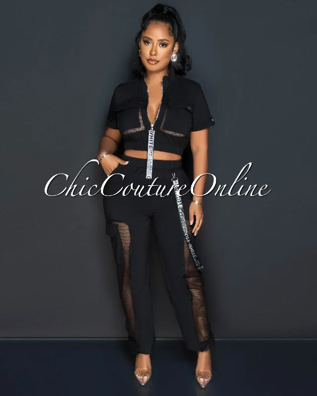 Beller Black Crop Top & Jogger Cargo Pants Fishnet Set Mesh Canvas Denim