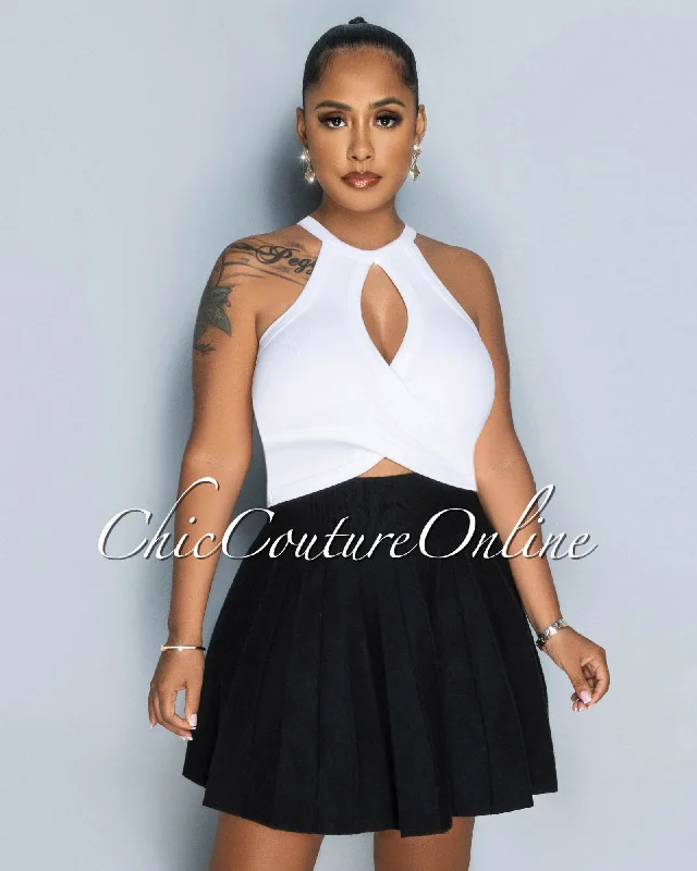 Sandra White Bust Key-Hole Ribbed Crop Top Spandex Blend Rayon Blend Denim Blend