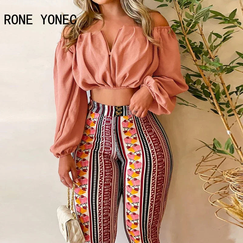 Women Chic Solid Crop Top & All Over Print Pants Slash Collar Long Sleeves Sexy Pants Sets Hooded Caped Shawl Collar Women Chic Solid Crop Top & All Over Print Pants Slash Collar Long Sleeves Sexy Pants Sets Hooded Caped Shawl Collar