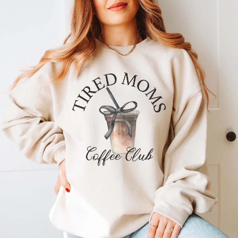 Tired Moms Coffee Club Graphic Sweatshirt Hoodie with Hem Fringe Bohemian Relaxed