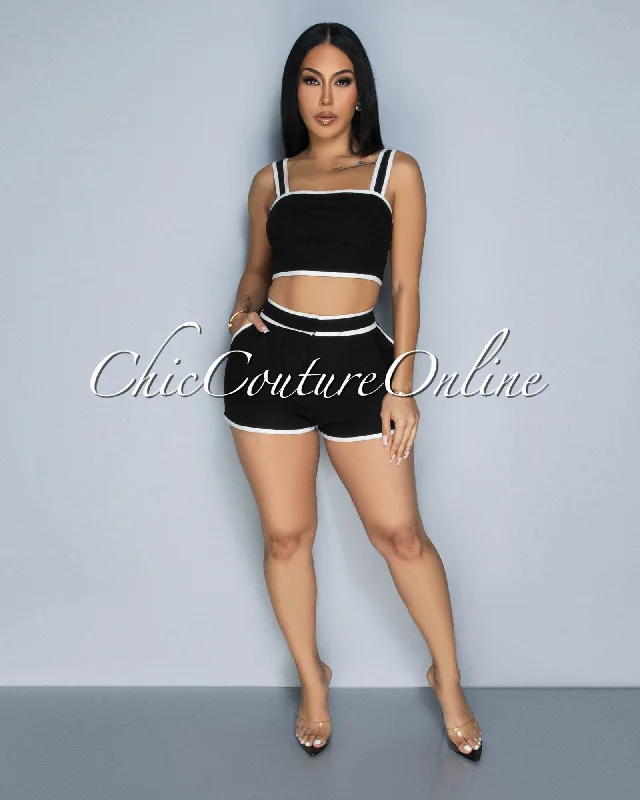 Lexley Black White Crop Top & Shorts Set Embroidered Appliqued Beaded