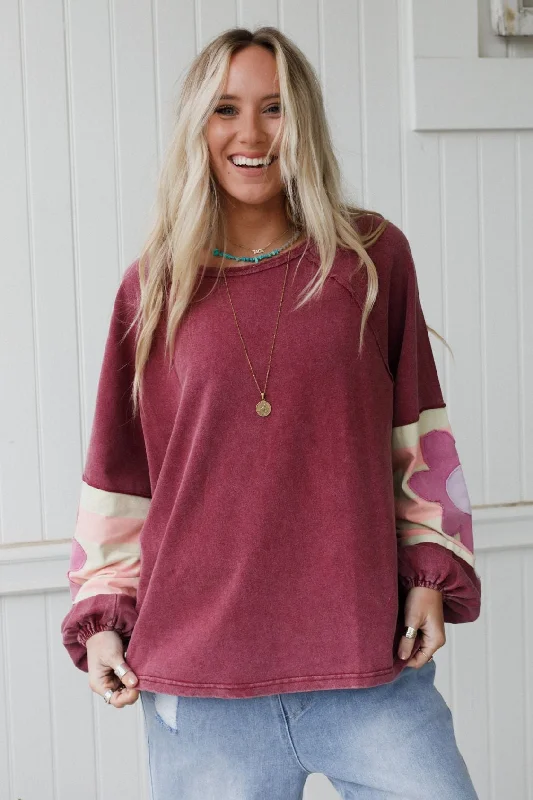 Petal Patch Pullover Top - Wine Spaghetti Sleeve Top