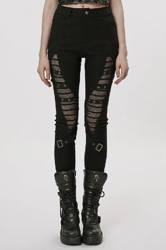 Black Hollow Japanese Buckles Stitching Mesh Women's Gothic Leggings Chic Smooth Fit Leggings Black Hollow Japanese Buckles Stitching Mesh Women's Gothic Leggings Chic Smooth Fit Leggings
