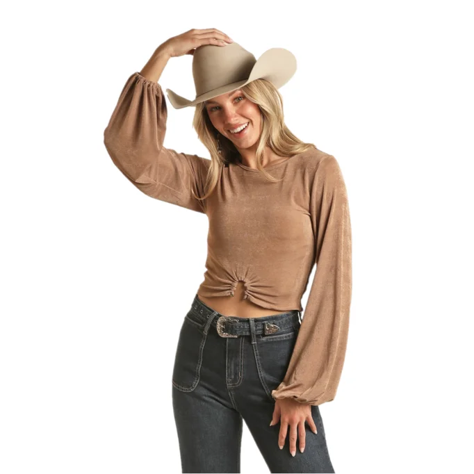 Rock & Roll Cowgirl Ladies Metal Piece Tan Crop Top BW52T02694 Print Jacquard Patchwork Rock & Roll Cowgirl Ladies Metal Piece Tan Crop Top BW52T02694 Print Jacquard Patchwork