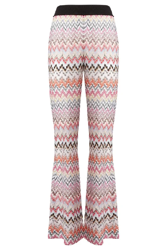 Knit Flare Trouser - Pink White Trousers Leather Faux
