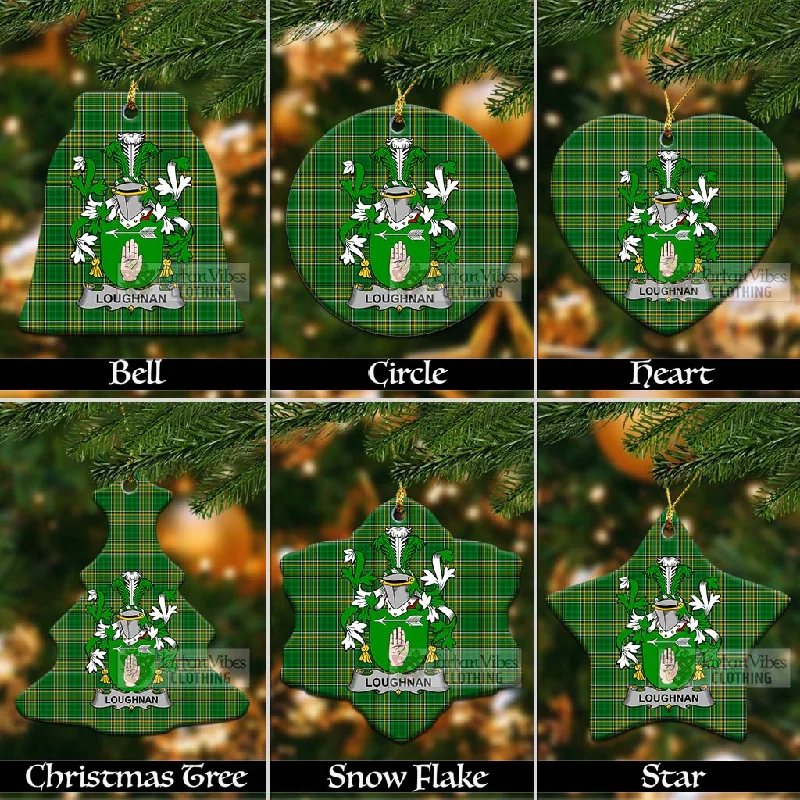 Loughnan Irish Clan Tartan Christmas Ceramic Ornament with Coat of Arms Print Jacquard Embroidered Loughnan Irish Clan Tartan Christmas Ceramic Ornament with Coat of Arms Print Jacquard Embroidered
