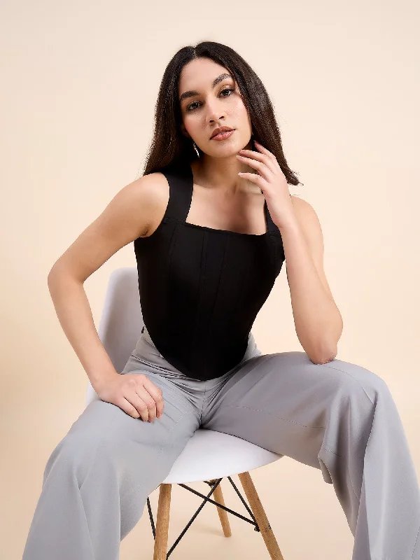 Solid Black Square Neck Corset Crop Top In Stretch Fabric Mesh Canvas Denim